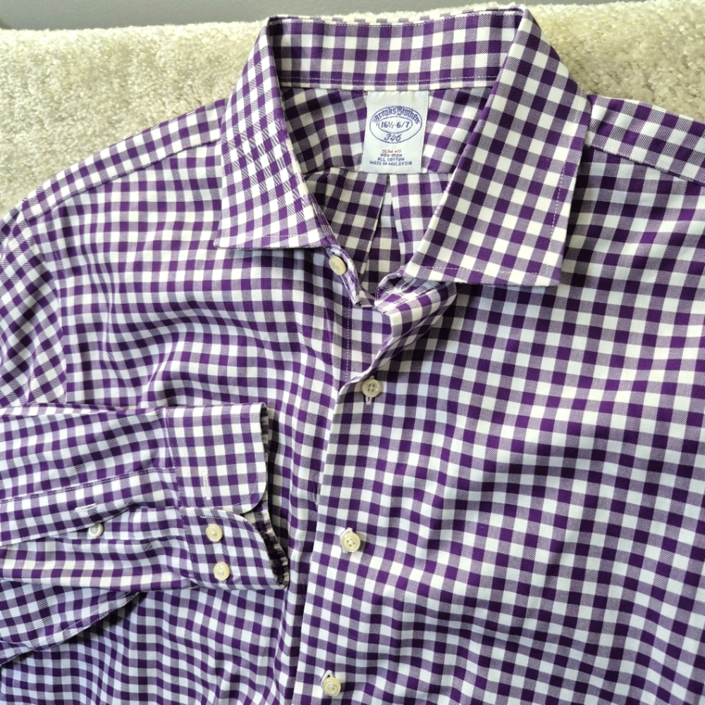 Brooks Brothers Shirt Men 16.5/XL Purple Gingham Check Button Up Preppy Academia